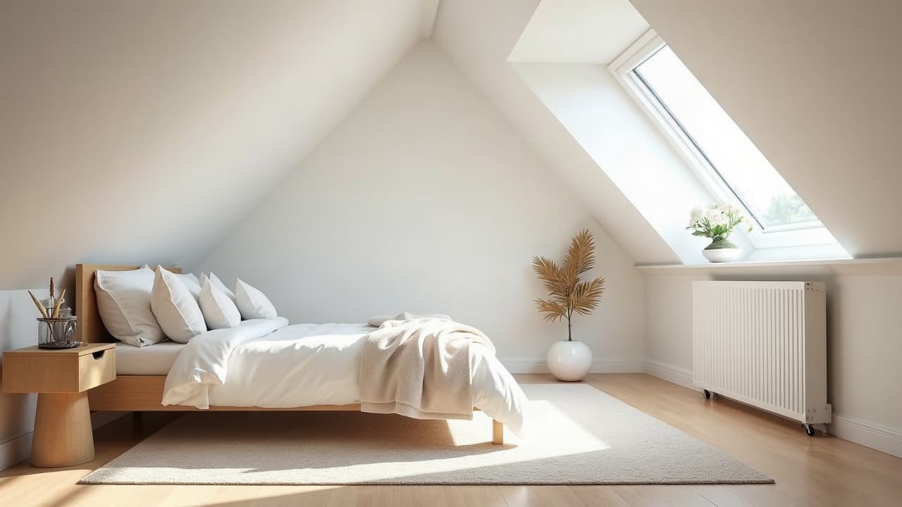 Chambre aménagée sous les combles, rampants peints et fenêtre de toit