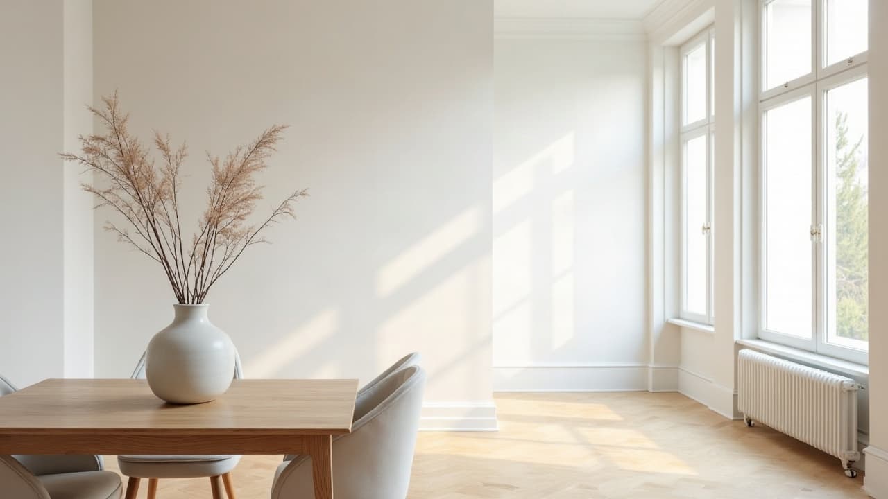 Salle à manger aux murs lisses fraîchement peints, lumière naturelle
