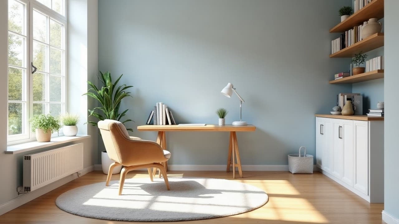Bureau à domicile au mur doublé peint en bleu gris pâle, pièce chaleureuse