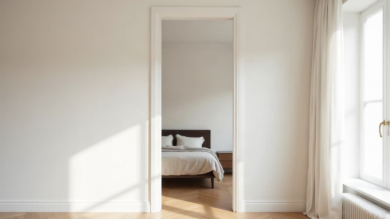 Chambre lumineuse fermée par une cloison neuve peinte en blanc, dressing attenant
